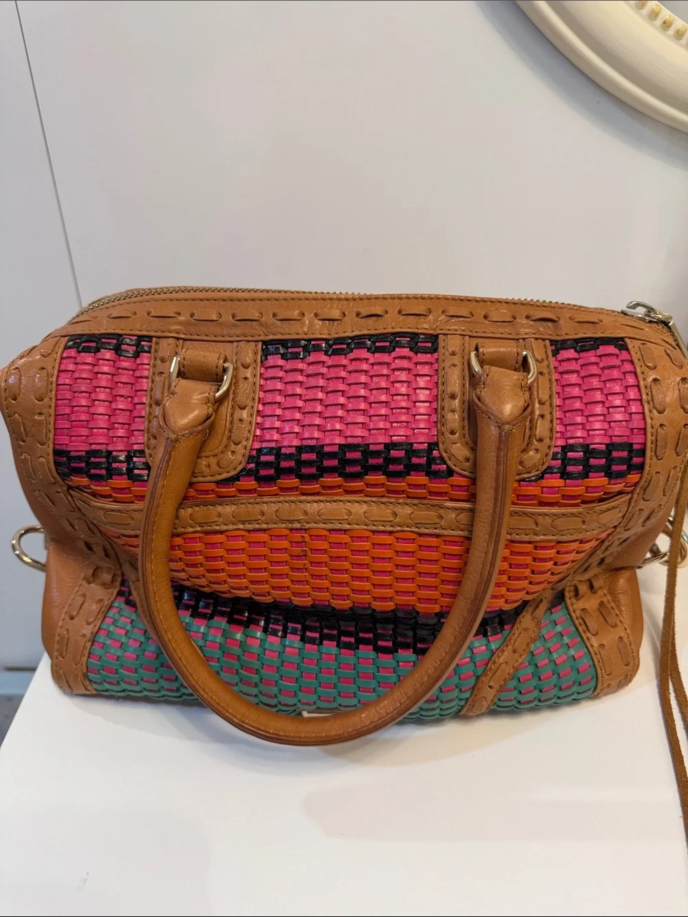 Rebecca Minkoff Pink Orange Weave MAB Mini Bombé Satchel